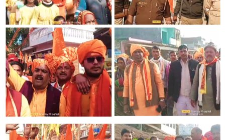 केसरिया साफा बांधकर राम जन्म भूमि अक्षत कलश यात्रा में शामिल हुए लोग