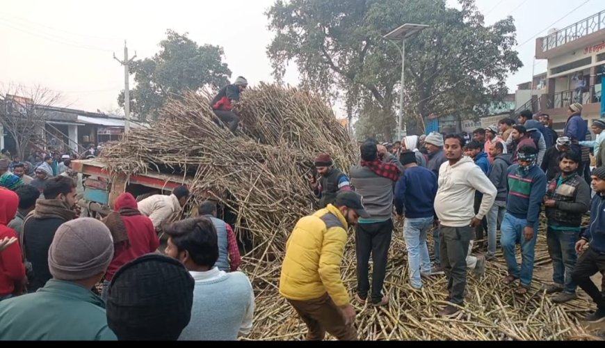 अनियंत्रित ट्रेलर से भरभराकर गिरा गन्ना,दम्पति घायल-अस्पताल रेफर