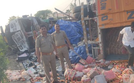 फलों से लदा दोनों ट्रक राष्ट्रीय राजमार्ग पर पलटा, घण्टो बाधित रहा आवागमन