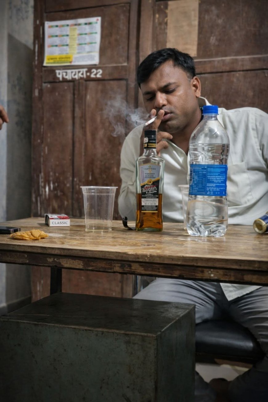 ब्लॉक दफ्तर में “नशे की तस्वीर” से मचा हड़कंप,सिगरेट–शराब संग पंचायत कार्यालय में बैठा कर्मचारी